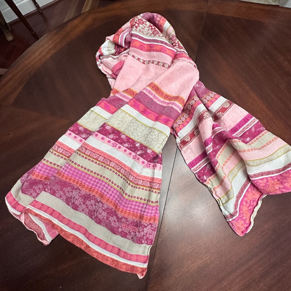 KENZO Silk Blend Designer Boho Artsy Feminine Textile Scarf Wrap Italy Logo